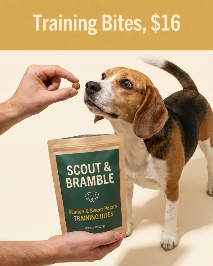 AI output for the fifth prompt: a hand offering a single treat to a beagle while the other hand holds Scout & Bramble's kraft and green pouch, on a plain cream background, with Training Bites, $16 at the top.