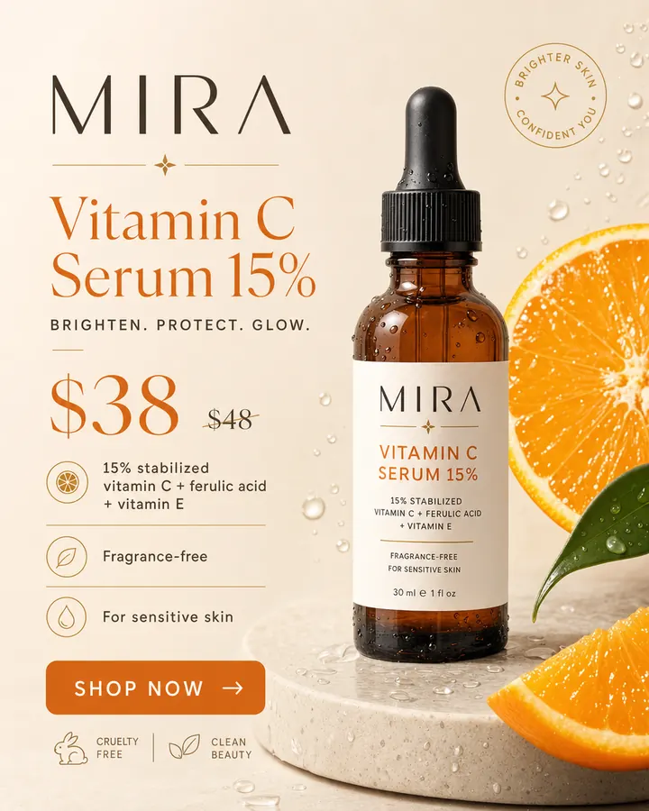AI output for the first prompt: an amber dropper bottle with a redesigned orange-lettered Mira label on a stone plinth beside orange halves, with $38 and $48 struck through, three feature lines, a Shop now button and Cruelty free and Clean beauty badges.