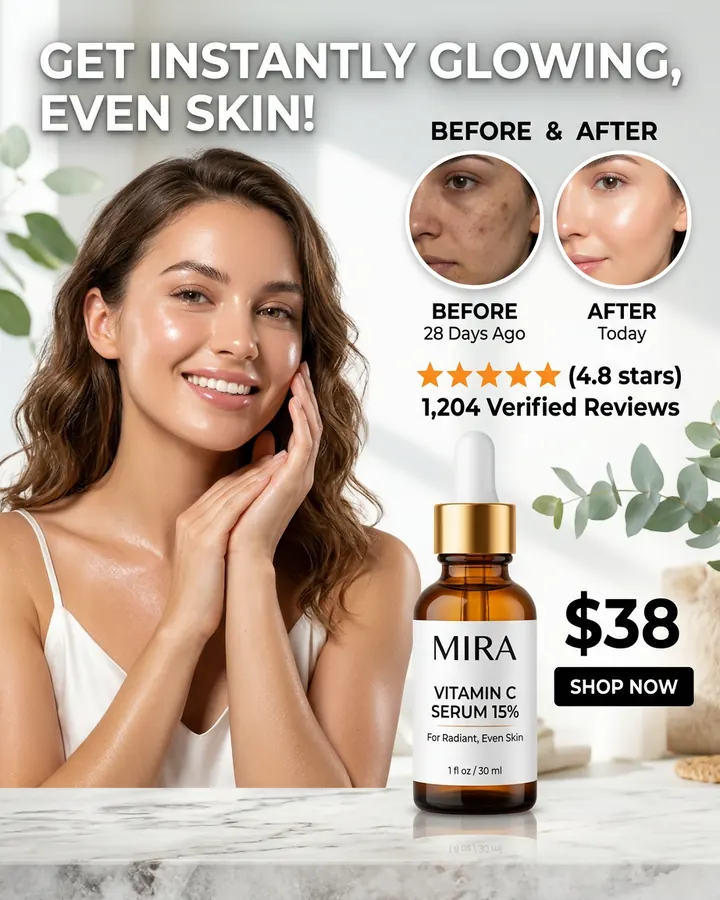 AI output for the second prompt: a smiling model touching her cheek beside a dropper bottle with a gold collar, under the headline Get instantly glowing, even skin!, with two round before and after face crops labelled 28 days ago and today, a rating and $38.