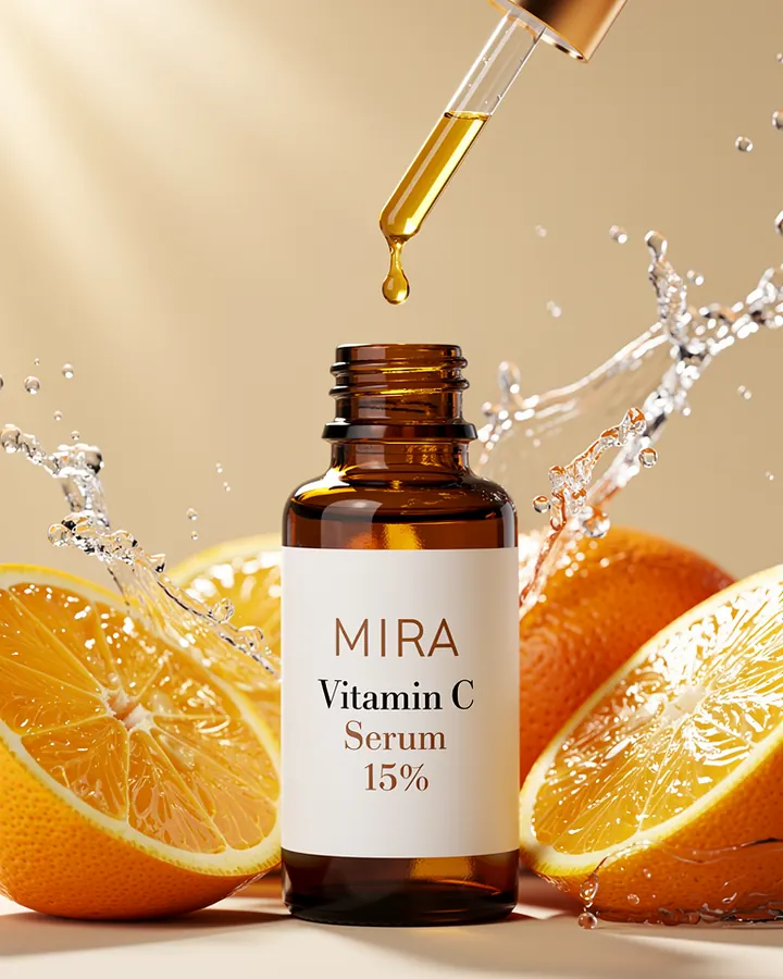 AI output for the third prompt: an open amber bottle with a white Mira Vitamin C Serum 15% label between orange halves and a water splash, with a gold-collared pipette floating above it dripping a single drop.