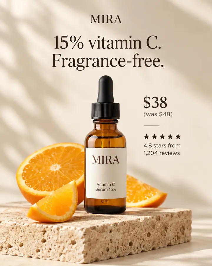 AI output for the fourth prompt: Mira's amber dropper bottle with its cream serif label on travertine beside orange slices, under the headline 15% vitamin C. Fragrance-free., with $38 (was $48) and 4.8 stars from 1,204 reviews.