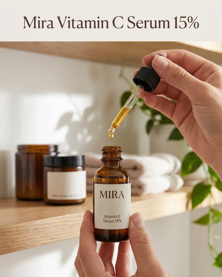AI output for the fifth prompt: one hand holding Mira's open amber bottle while another lifts the black dropper with a drop of golden serum at its tip, bathroom shelf behind, inside a light frame headed Mira Vitamin C Serum 15%.