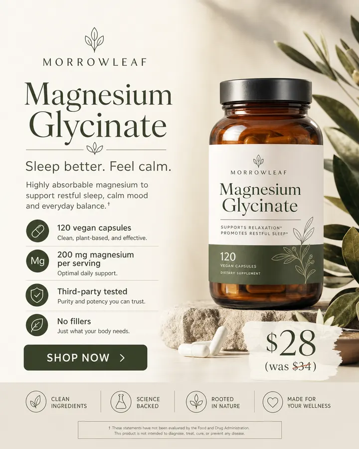 AI output for the first prompt: an amber jar with a black lid and a cream and green label reading Morrowleaf Magnesium Glycinate, under the headline Sleep better. Feel calm., with four product points, $28 was $34, a Shop now button, four badges and a small FDA disclaimer at the bottom.