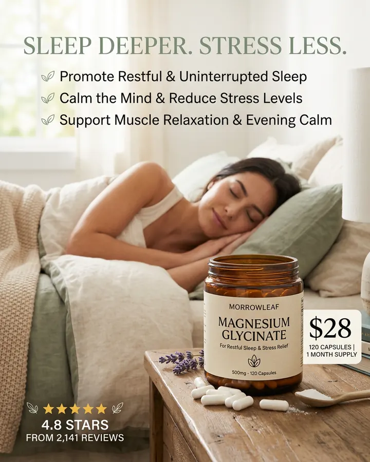 AI output for the second prompt: a woman asleep in bed behind an amber jar labelled Morrowleaf Magnesium Glycinate, For Restful Sleep and Stress Relief, 500mg, 120 Capsules, under the headline Sleep deeper. Stress less. and three sleep and stress benefits, with 4.8 stars and $28.