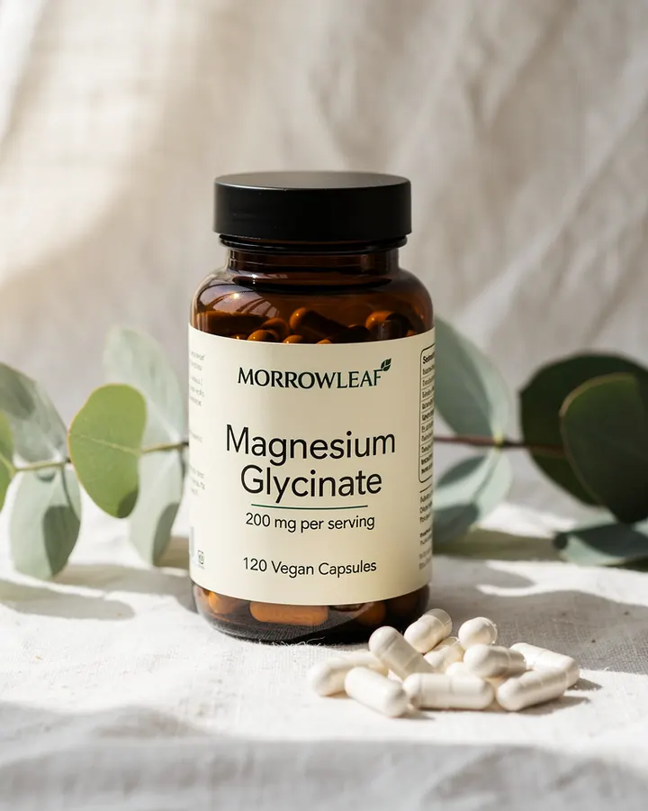 AI output for the third prompt: an amber bottle with a black lid and a cream label reading Morrowleaf Magnesium Glycinate, 200 mg per serving, 120 Vegan Capsules, beside white capsules and eucalyptus on linen, with no ad text.