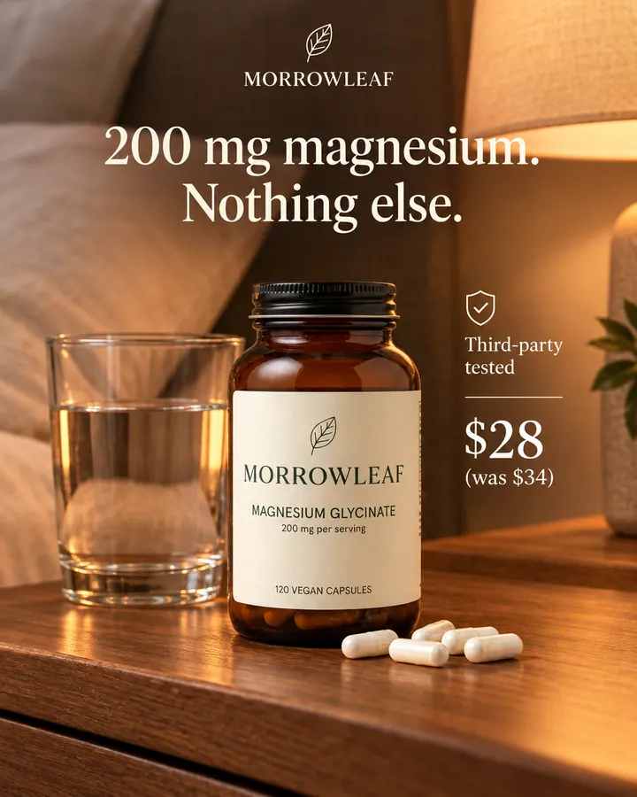 AI output for the fourth prompt: Morrowleaf's amber bottle with its cream label on a bedside table beside a glass of water and capsules in lamp light, under the headline 200 mg magnesium. Nothing else., with Third-party tested and $28 (was $34).