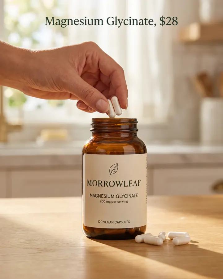 AI output for the fifth prompt: a hand holding two capsules over the open Morrowleaf bottle on a sunny kitchen table, with capsules scattered beside it and Magnesium Glycinate, $28 at the top.