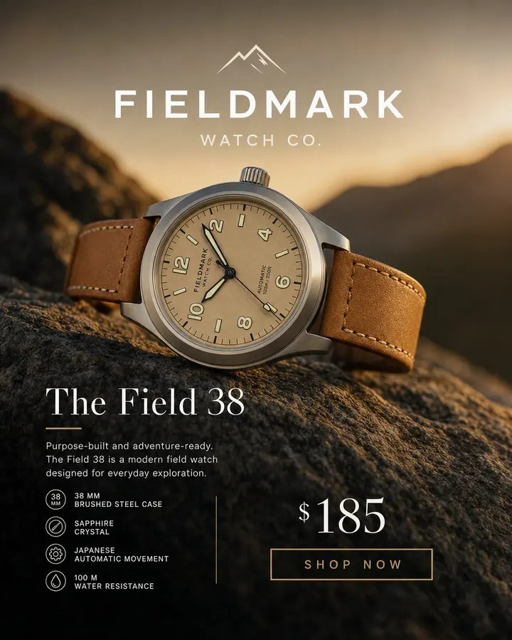 AI output for the first prompt: a steel field watch on a rock at sunset with a sand dial showing only even numerals and Fieldmark Watch Co. printed sideways, under the Fieldmark logo, with $185, a spec list and a Shop now button.