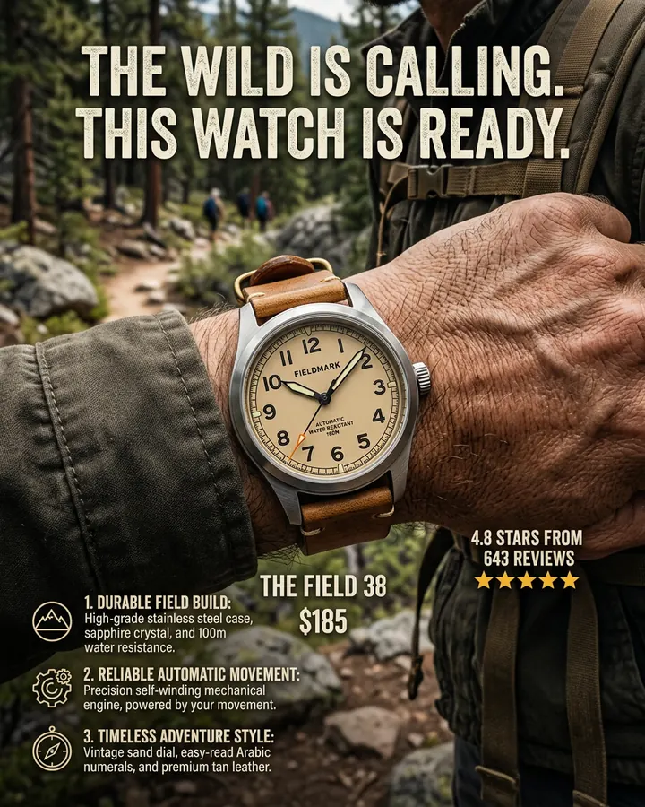 AI output for the second prompt: a field watch on a hairy wrist on a forest trail, the dial reading Fieldmark and Automatic Water Rekotant 160M, under the headline The wild is calling. This watch is ready., with three benefits, $185 and 4.8 stars from 643 reviews.