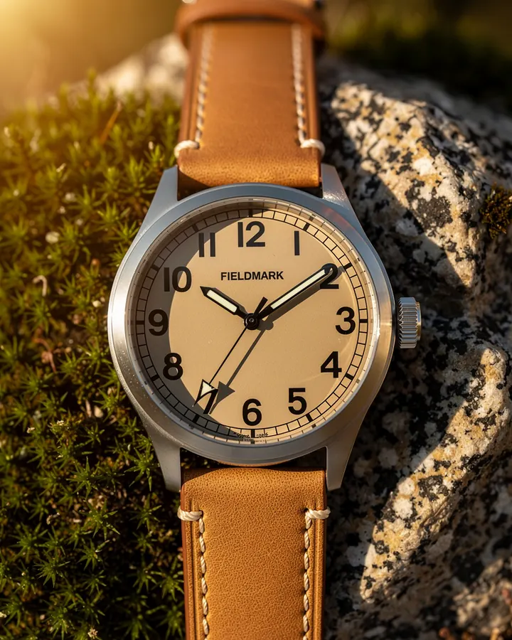 AI output for the third prompt: a close-up field watch on moss and granite with a sand dial, Fieldmark under the 12, an extra arrow-shaped hand covering the 7 and blurred micro text under the 6, with no ad text.