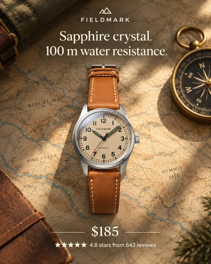 AI output for the fourth prompt: the Field 38 with its sand dial, full Arabic numerals, Fieldmark and Automatic text and red seconds tip, lying on a canvas map beside a brass compass, under the headline Sapphire crystal. 100 m water resistance., with $185 and 4.8 stars from 643 reviews.