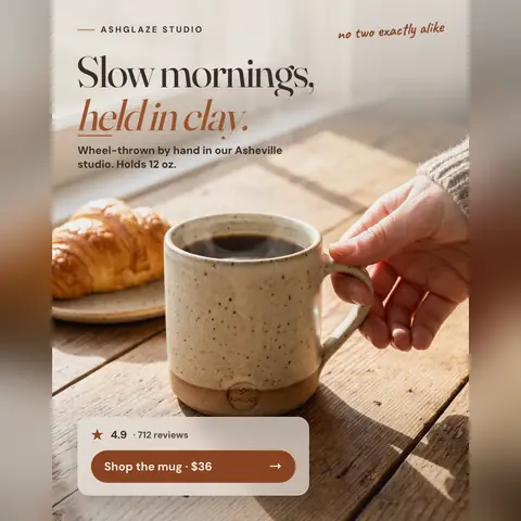 Warm, sunlit wood table Ashglaze Studio ad: 'Slow mornings, held in clay.' A hand lifts a speckled oatmeal mug of coffee beside a croissant. A card shows 4.9, 712 reviews and a 'Shop the mug · $36' button. The 1:1 version.