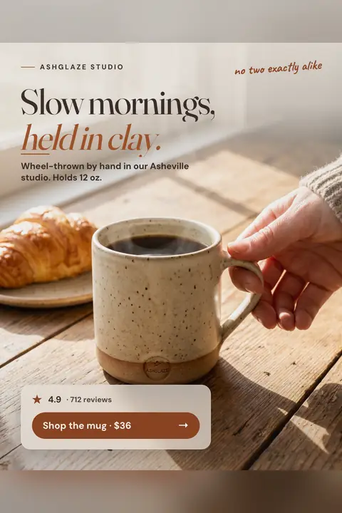 Warm, sunlit wood table Ashglaze Studio ad: 'Slow mornings, held in clay.' A hand lifts a speckled oatmeal mug of coffee beside a croissant. A card shows 4.9, 712 reviews and a 'Shop the mug · $36' button. Shown here in the 2:3 Pinterest size.