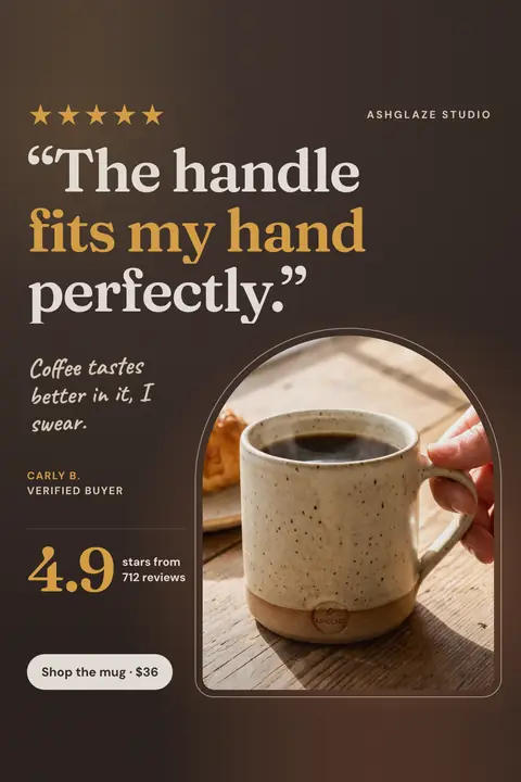 Dark brown Ashglaze Studio ad: '“The handle fits my hand perfectly.”' with five gold stars, a note from Carly B., a speckled oatmeal mug of coffee held by the handle, 4.9 stars from 712 reviews and a 'Shop the mug · $36' button. Shown here in the 2:3 Pinterest size.