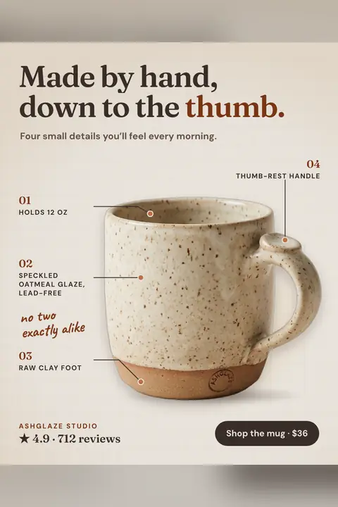 Beige grid-paper Ashglaze Studio ad: 'Made by hand, down to the thumb.' above a speckled oatmeal mug with four numbered callouts: holds 12 oz, speckled glaze, raw clay foot, thumb-rest handle. 4.9 from 712 reviews and a 'Shop the mug · $36' button. Shown here in the 2:3 Pinterest size.