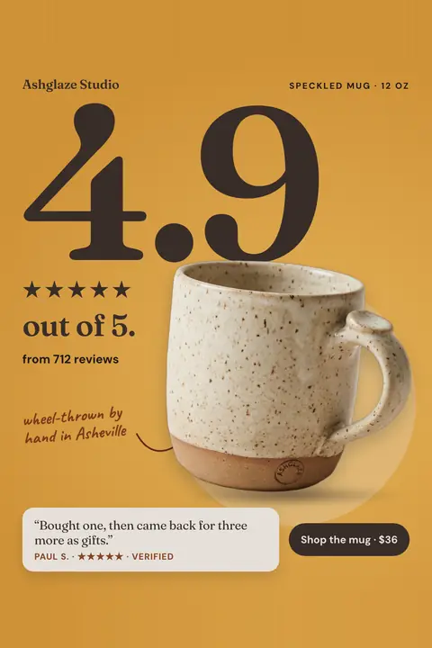 Mustard yellow Ashglaze Studio ad: '4.9 out of 5.' in huge dark brown type with five stars, 'from 712 reviews', a speckled oatmeal mug photo, a quote from Paul S., and a 'Shop the mug · $36' button. Shown here in the 2:3 Pinterest size.