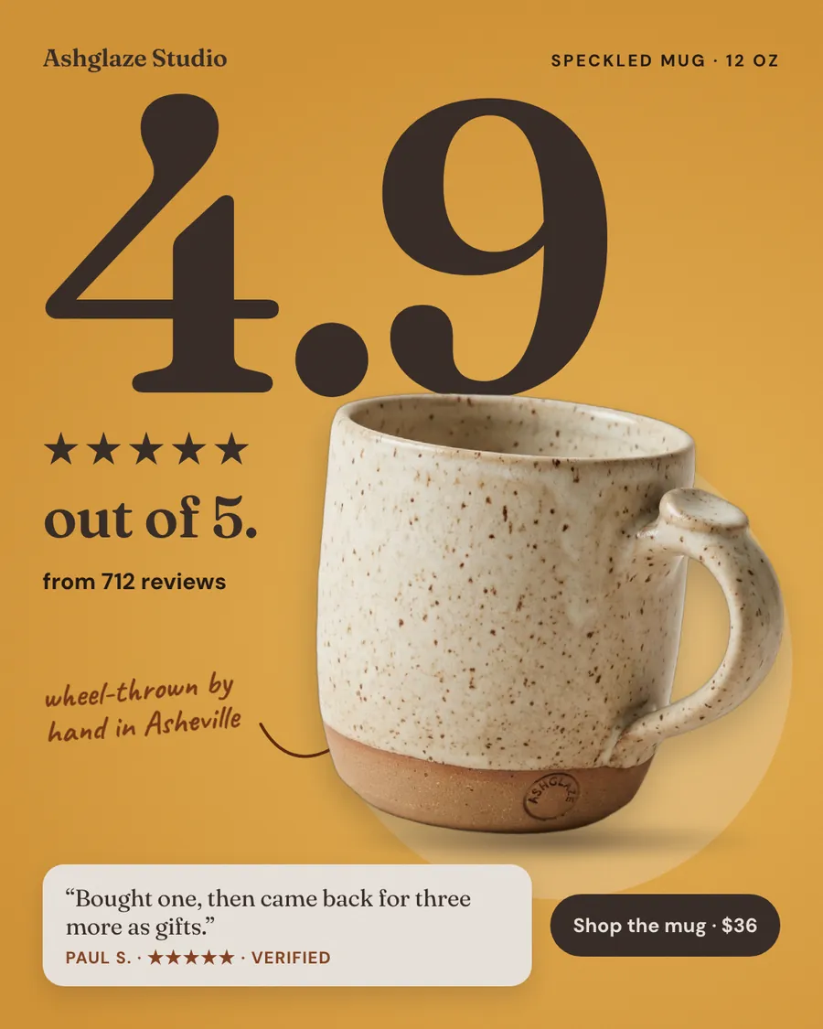 Mustard yellow Ashglaze Studio ad: '4.9 out of 5.' in huge dark brown type with five stars, 'from 712 reviews', a speckled oatmeal mug photo, a quote from Paul S., and a 'Shop the mug · $36' button.