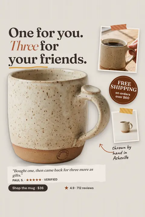 Light gray-beige Ashglaze Studio ad: 'One for you. Three for your friends.' beside a large speckled oatmeal mug, two small taped photos, a 'Free shipping on orders over $60' badge, a quote from Paul S., and a 'Shop the mug · $36' button. Shown here in the 2:3 Pinterest size.