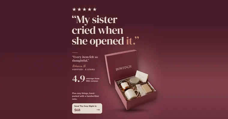 Deep burgundy Bowfinch ad: '“My sister cried when she opened it.”' with five stars above, a second review from Rebecca N., 4.9 average from 892 reviews, an open burgundy gift box with five items, and a 'Send The Cozy Night In $68' button. The 1.91:1 version.