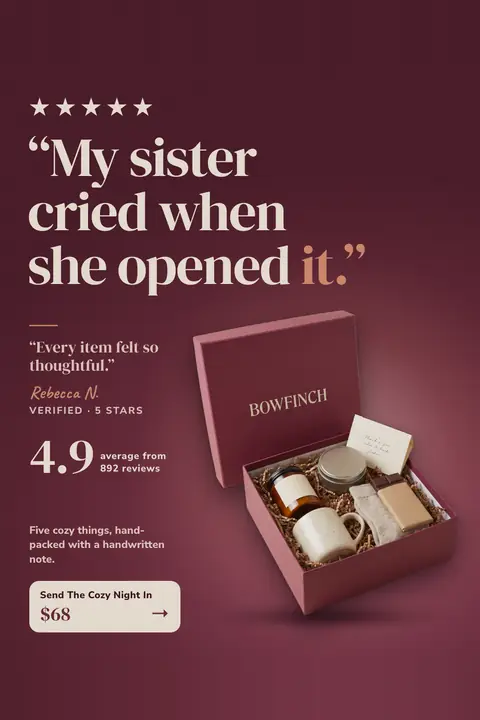 Deep burgundy Bowfinch ad: '“My sister cried when she opened it.”' with five stars above, a second review from Rebecca N., 4.9 average from 892 reviews, an open burgundy gift box with five items, and a 'Send The Cozy Night In $68' button. Shown here in the 2:3 Pinterest size.