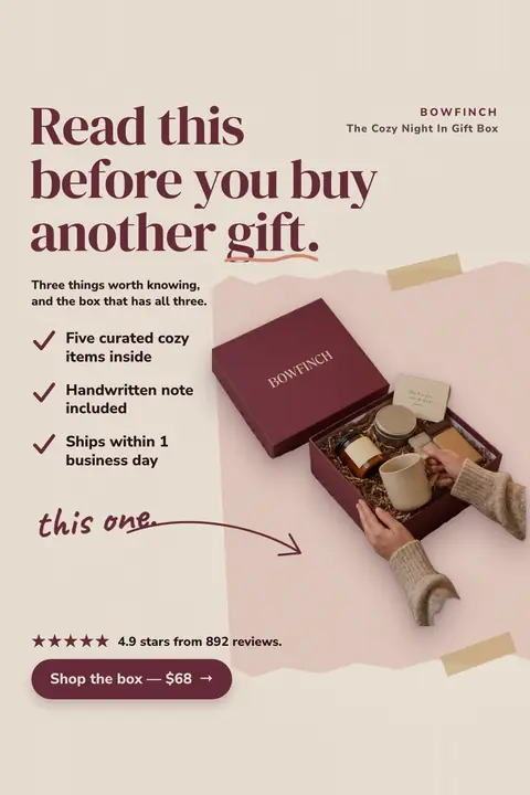 Cream and dusty pink Bowfinch ad: 'Read this before you buy another gift.' with a three-item checklist, a hand-drawn 'this one.' arrow pointing to a maroon gift box held open by two hands, 4.9 stars from 892 reviews and a 'Shop the box, $68' button. Shown here in the 2:3 Pinterest size.