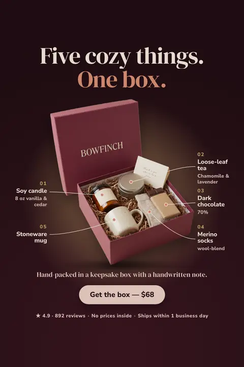 Dark plum Bowfinch ad: 'Five cozy things. One box.' above an open maroon gift box with numbered callouts for a soy candle, loose-leaf tea, dark chocolate, merino socks and a stoneware mug, plus a 'Get the box, $68' button. Shown here in the 2:3 Pinterest size.
