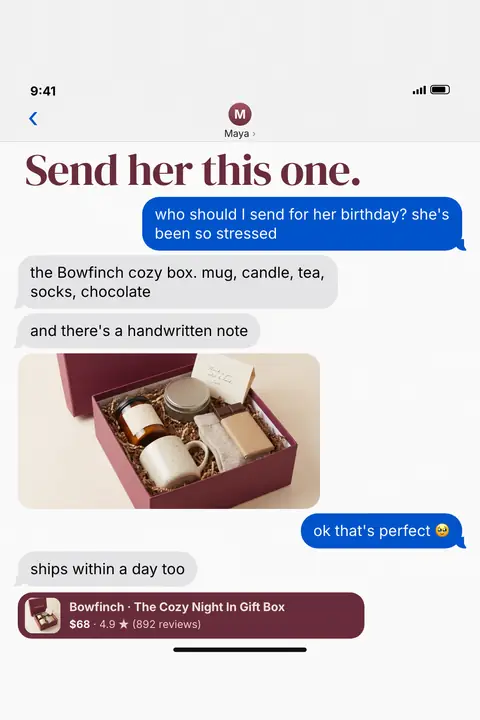 Light gray Bowfinch ad: 'Send her this one.' in maroon above an iMessage chat where a friend recommends the cozy box (mug, candle, tea, socks, chocolate, handwritten note), with a gift box photo and a maroon bar: $68, 4.9 stars, 892 reviews. Shown here in the 2:3 Pinterest size.