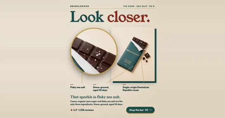 Cream Brindlewood ad: 'Look closer.' above a round zoomed photo of dark chocolate squares with flaky sea salt, beside a green wrapped bar. Three labels read Flaky sea salt, Stone-ground, aged 30 days, and Single-origin Dominican Republic cacao. 4.9 stars, 1,318 reviews, 'Shop the bar · $9' button. The 1.91:1 version.