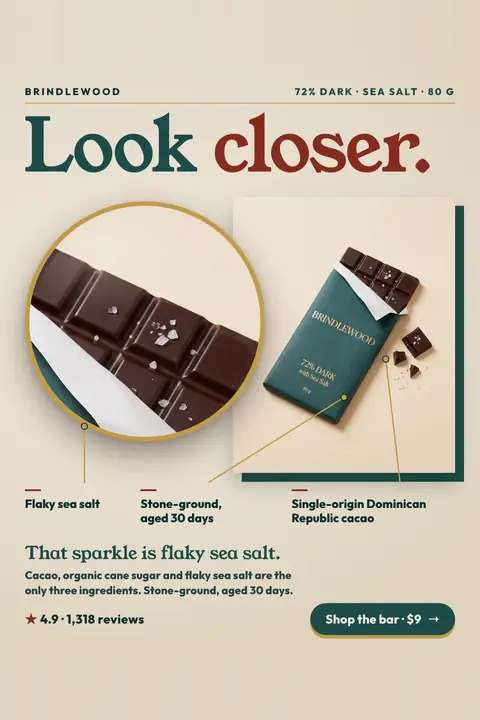 Cream Brindlewood ad: 'Look closer.' above a round zoomed photo of dark chocolate squares with flaky sea salt, beside a green wrapped bar. Three labels read Flaky sea salt, Stone-ground, aged 30 days, and Single-origin Dominican Republic cacao. 4.9 stars, 1,318 reviews, 'Shop the bar · $9' button. Shown here in the 2:3 Pinterest size.
