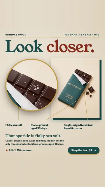 Cream Brindlewood ad: 'Look closer.' above a round zoomed photo of dark chocolate squares with flaky sea salt, beside a green wrapped bar. Three labels read Flaky sea salt, Stone-ground, aged 30 days, and Single-origin Dominican Republic cacao. 4.9 stars, 1,318 reviews, 'Shop the bar · $9' button. The 9:16 version.