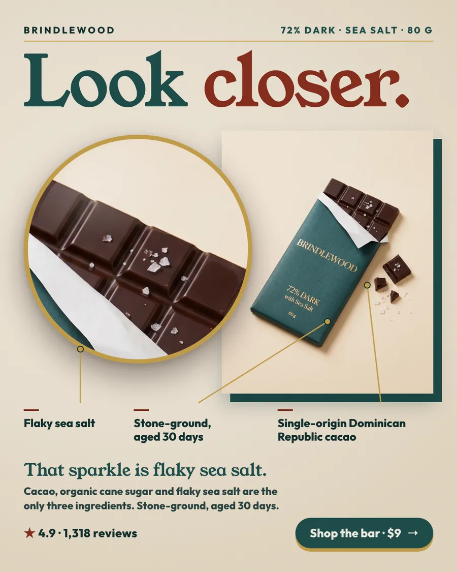 Cream Brindlewood ad: 'Look closer.' above a round zoomed photo of dark chocolate squares with flaky sea salt, beside a green wrapped bar. Three labels read Flaky sea salt, Stone-ground, aged 30 days, and Single-origin Dominican Republic cacao. 4.9 stars, 1,318 reviews, 'Shop the bar · $9' button.