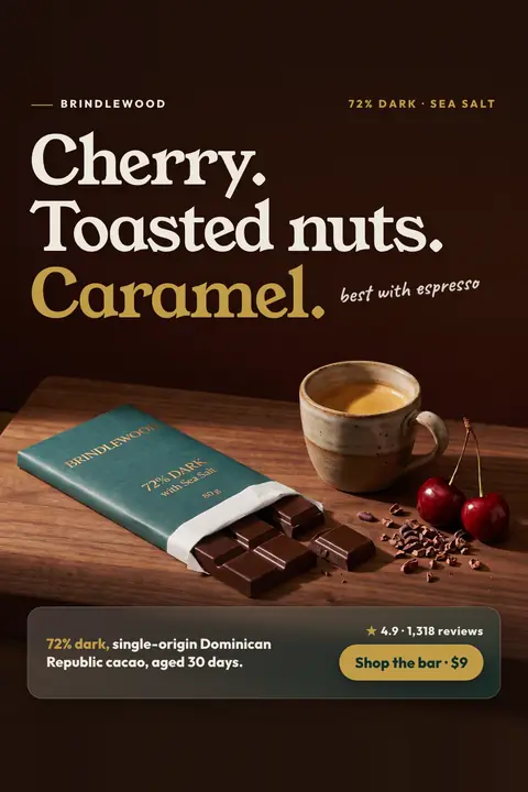 Dark brown Brindlewood ad: 'Cherry. Toasted nuts. Caramel.' with a handwritten note, best with espresso. A teal 72% Dark bar sits open on a wooden board beside an espresso cup and cherries, with a 4.9 rating and a 'Shop the bar · $9' button. Shown here in the 2:3 Pinterest size.