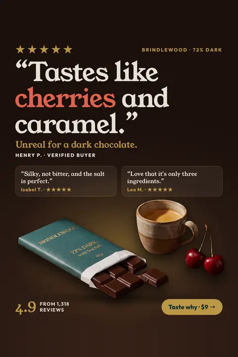 Dark brown Brindlewood ad: '“Tastes like cherries and caramel.”' with five gold stars, Henry P. as verified buyer, two smaller reviews, a teal chocolate bar, an espresso cup, cherries, 4.9 from 1,318 reviews and a 'Taste why · $9' button. Shown here in the 2:3 Pinterest size.