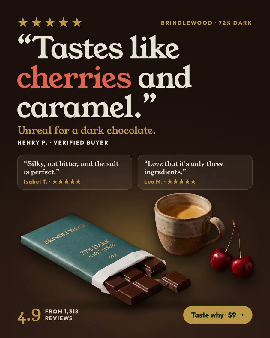 Dark brown Brindlewood ad: '“Tastes like cherries and caramel.”' with five gold stars, Henry P. as verified buyer, two smaller reviews, a teal chocolate bar, an espresso cup, cherries, 4.9 from 1,318 reviews and a 'Taste why · $9' button.