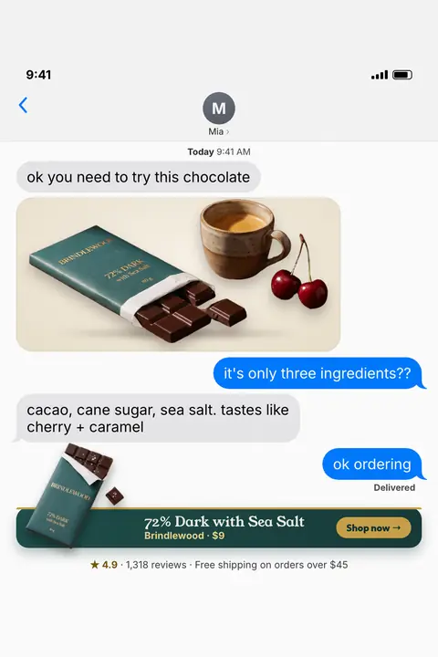 Light, near-white text message screen with Mia's chat. Brindlewood ad: 'ok you need to try this chocolate' above a photo of a green 72% Dark bar with espresso and cherries, then a Shop now banner, $9, 4.9 stars, 1,318 reviews. Shown here in the 2:3 Pinterest size.