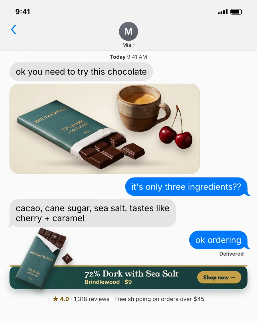 Light, near-white text message screen with Mia's chat. Brindlewood ad: 'ok you need to try this chocolate' above a photo of a green 72% Dark bar with espresso and cherries, then a Shop now banner, $9, 4.9 stars, 1,318 reviews.