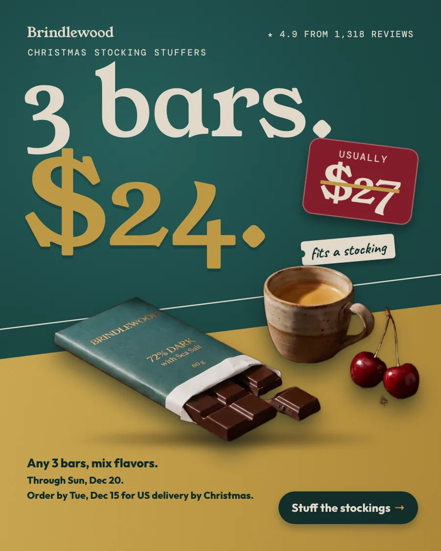 Teal and mustard Brindlewood poster: '3 bars. $24.' set huge in cream and gold, a red 'Usually $27' sticker with the price struck through, a 'fits a stocking' tag, the bar with cherries and a cup, 'Christmas stocking stuffers' and 4.9 from 1,318 reviews at the top, and 'Any 3 bars, mix flavors. Through Sun, Dec 20. Order by Tue, Dec 15 for US delivery by Christmas.' beside a 'Stuff the stockings' button.