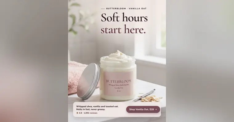 Soft blush and cream bathroom scene. Butterbloom ad: 'Soft hours start here.' above an open jar of whipped Vanilla Oat body butter with a pink label, a pink towel, a vanilla bean and oats, and a 'Shop Vanilla Oat, $28' button. The 1.91:1 version.