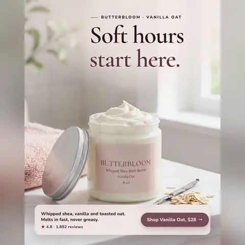 Soft blush and cream bathroom scene. Butterbloom ad: 'Soft hours start here.' above an open jar of whipped Vanilla Oat body butter with a pink label, a pink towel, a vanilla bean and oats, and a 'Shop Vanilla Oat, $28' button. The 1:1 version.