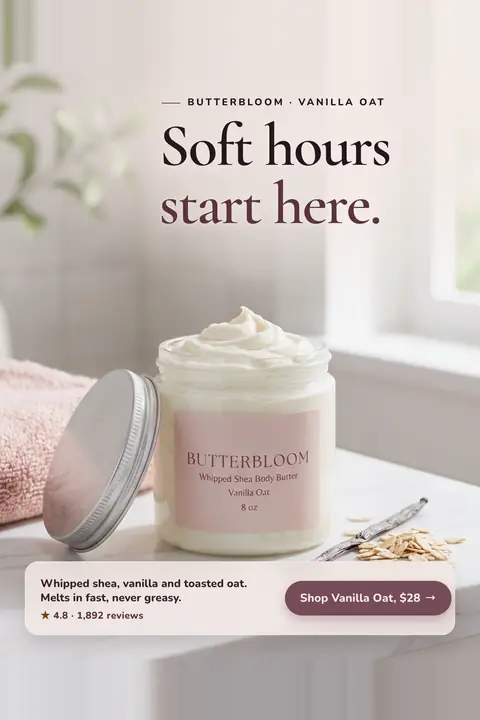 Soft blush and cream bathroom scene. Butterbloom ad: 'Soft hours start here.' above an open jar of whipped Vanilla Oat body butter with a pink label, a pink towel, a vanilla bean and oats, and a 'Shop Vanilla Oat, $28' button. Shown here in the 2:3 Pinterest size.