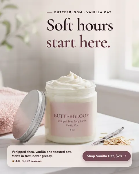 Soft blush and cream bathroom scene. Butterbloom ad: 'Soft hours start here.' above an open jar of whipped Vanilla Oat body butter with a pink label, a pink towel, a vanilla bean and oats, and a 'Shop Vanilla Oat, $28' button. The 4:5 version.