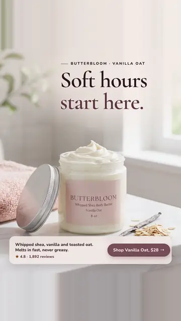 Soft blush and cream bathroom scene. Butterbloom ad: 'Soft hours start here.' above an open jar of whipped Vanilla Oat body butter with a pink label, a pink towel, a vanilla bean and oats, and a 'Shop Vanilla Oat, $28' button. The 9:16 version.