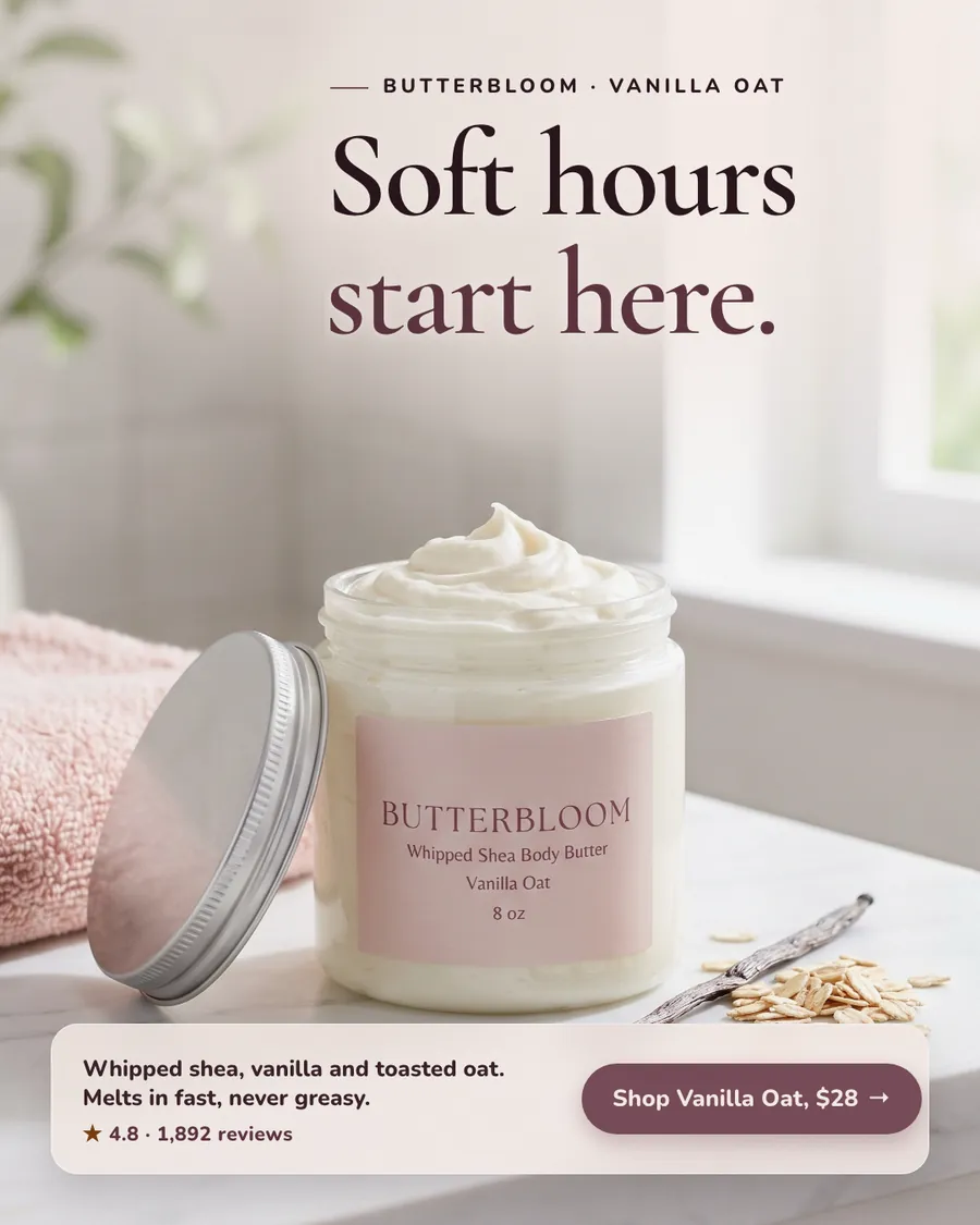 Soft blush and cream bathroom scene. Butterbloom ad: 'Soft hours start here.' above an open jar of whipped Vanilla Oat body butter with a pink label, a pink towel, a vanilla bean and oats, and a 'Shop Vanilla Oat, $28' button.