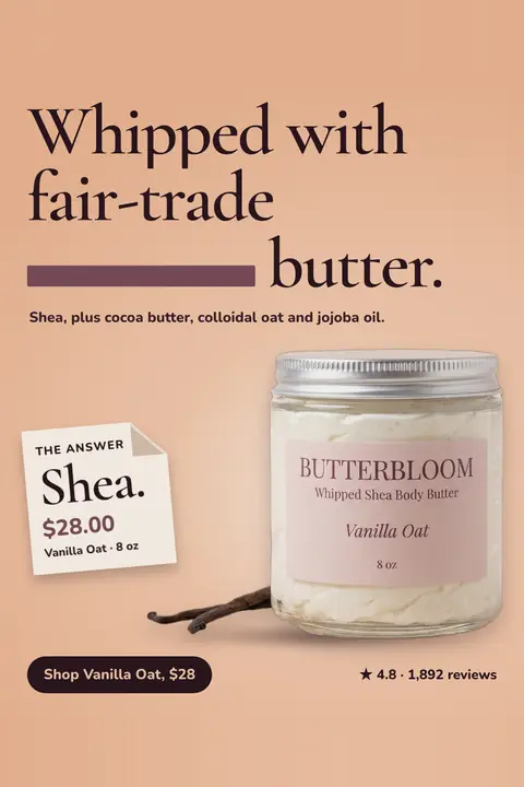 Peach Butterbloom ad: 'Whipped with fair-trade ______ butter.' with a blank in the headline, answered by a paper note reading The Answer, Shea, $28.00, Vanilla Oat 8 oz. A jar of whipped body butter sits beside vanilla beans, with a 'Shop Vanilla Oat, $28' button. Shown here in the 2:3 Pinterest size.