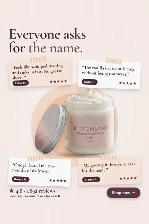 Soft blush Butterbloom ad: 'Everyone asks for the name.' with four taped review cards with five stars each around a jar of whipped shea body butter, 4.8 from 1,892 reviews, and a 'Shop now' button. Shown here in the 2:3 Pinterest size.