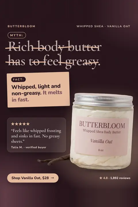 Dark plum Butterbloom ad: 'MYTH: Rich body butter has to feel greasy.' struck through, with a peach FACT card reading 'Whipped, light and non-greasy. It melts in fast.' A jar of Vanilla Oat body butter, a 5-star quote, 4.8 stars and a $28 button. Shown here in the 2:3 Pinterest size.