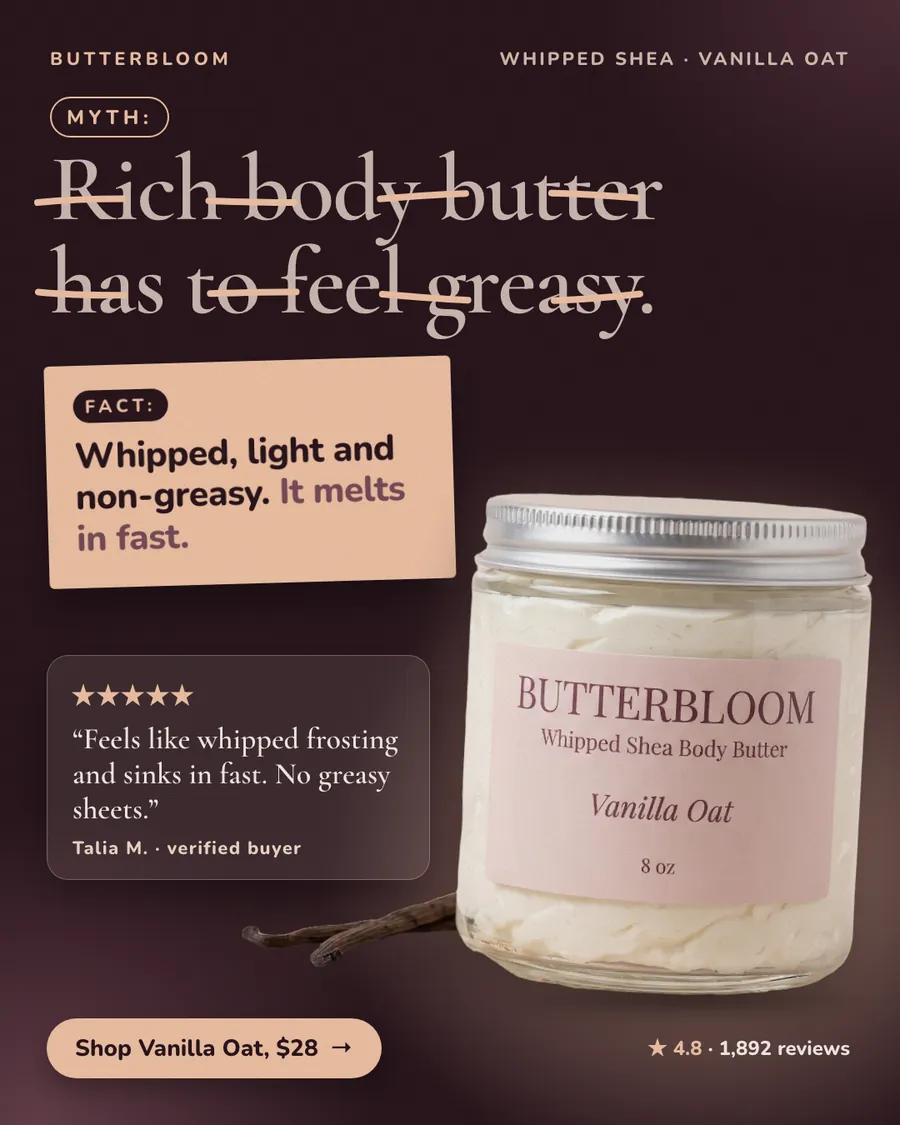 Dark plum Butterbloom ad: 'MYTH: Rich body butter has to feel greasy.' struck through, with a peach FACT card reading 'Whipped, light and non-greasy. It melts in fast.' A jar of Vanilla Oat body butter, a 5-star quote, 4.8 stars and a $28 button.
