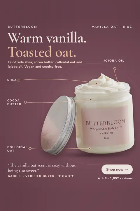 Plum Butterbloom ad: 'Warm vanilla. Toasted oat.' with a open jar of whipped shea body butter and its lid beside it. Lines point to shea, cocoa butter, colloidal oat and jojoba oil. A quote, 4.8 rating and a 'Shop now' button sit below. Shown here in the 2:3 Pinterest size.