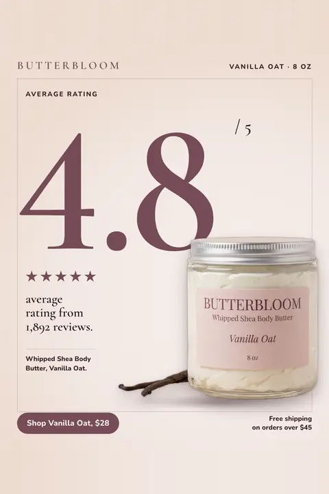Blush pink Butterbloom ad: '4.8' in huge plum numerals with '/ 5' beside it, five stars, and 'average rating from 1,892 reviews.' A jar of Vanilla Oat whipped shea body butter sits beside vanilla beans, with a 'Shop Vanilla Oat, $28' button. Shown here in the 2:3 Pinterest size.