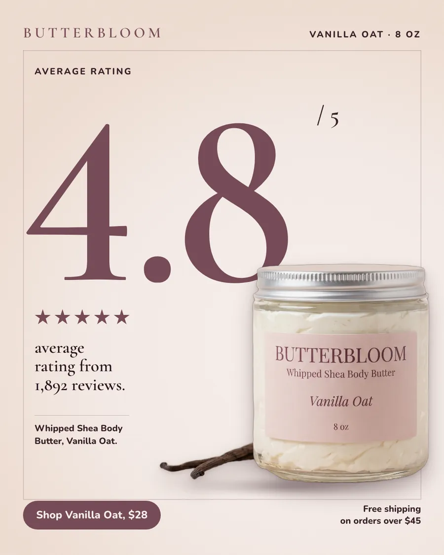 Blush pink Butterbloom ad: '4.8' in huge plum numerals with '/ 5' beside it, five stars, and 'average rating from 1,892 reviews.' A jar of Vanilla Oat whipped shea body butter sits beside vanilla beans, with a 'Shop Vanilla Oat, $28' button.